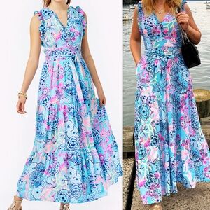 Lilly Pulitzer Floral Blue and Pink Maxi Dress